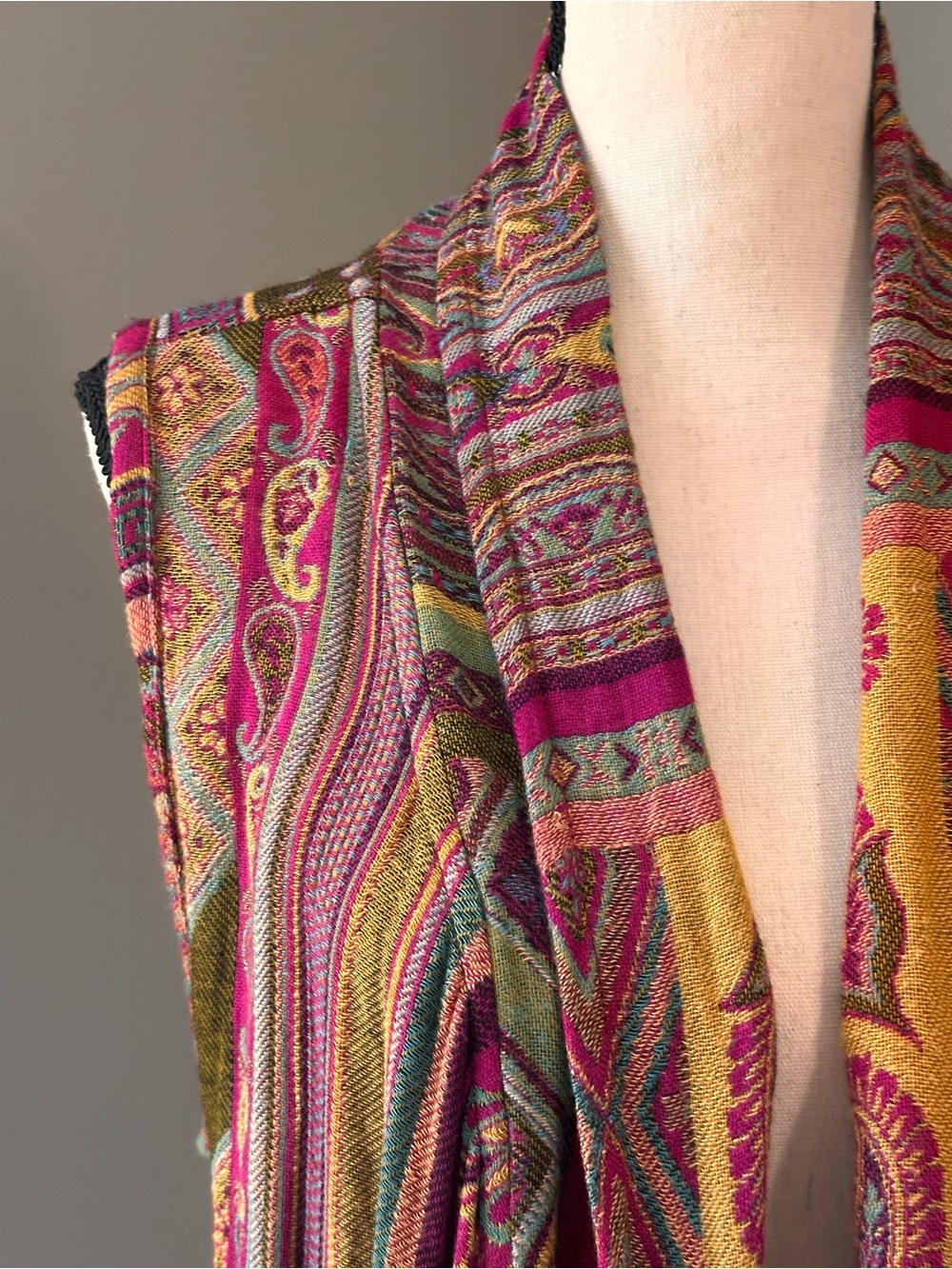 Hippie Artsy Boho Open Front Draped Fringe Vest with Vibrant Paisley Print